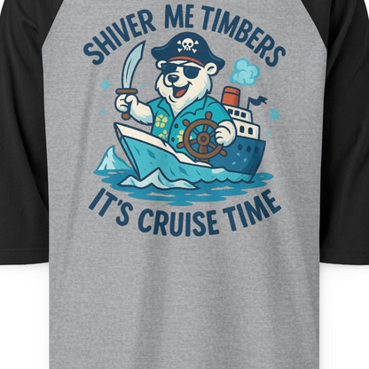 Funny Polar Bear Pirate Cruise Vacation Shirt 3/4 Sleeve Raglan Shirt – Heather Grey/Black – Alaska Cruise Shirts Close Up