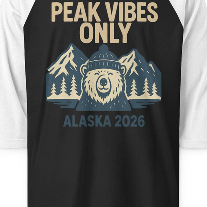 Alaska 2026 Mountain Adventure Bear 3/4 Sleeve Raglan Shirt – Black/White – Alaska Cruise Shirts Close Up
