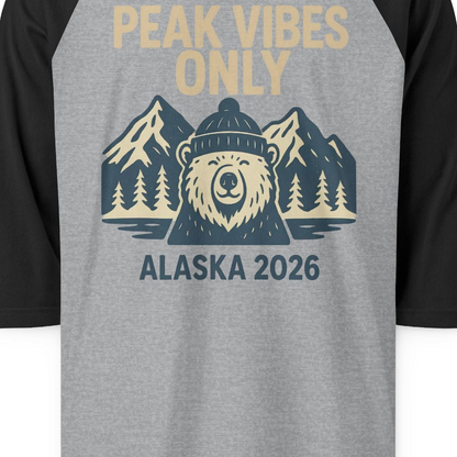 Alaska 2026 Mountain Adventure Bear 3/4 Sleeve Raglan Shirt – Heather Grey/Black – Alaska Cruise Shirts Close Up