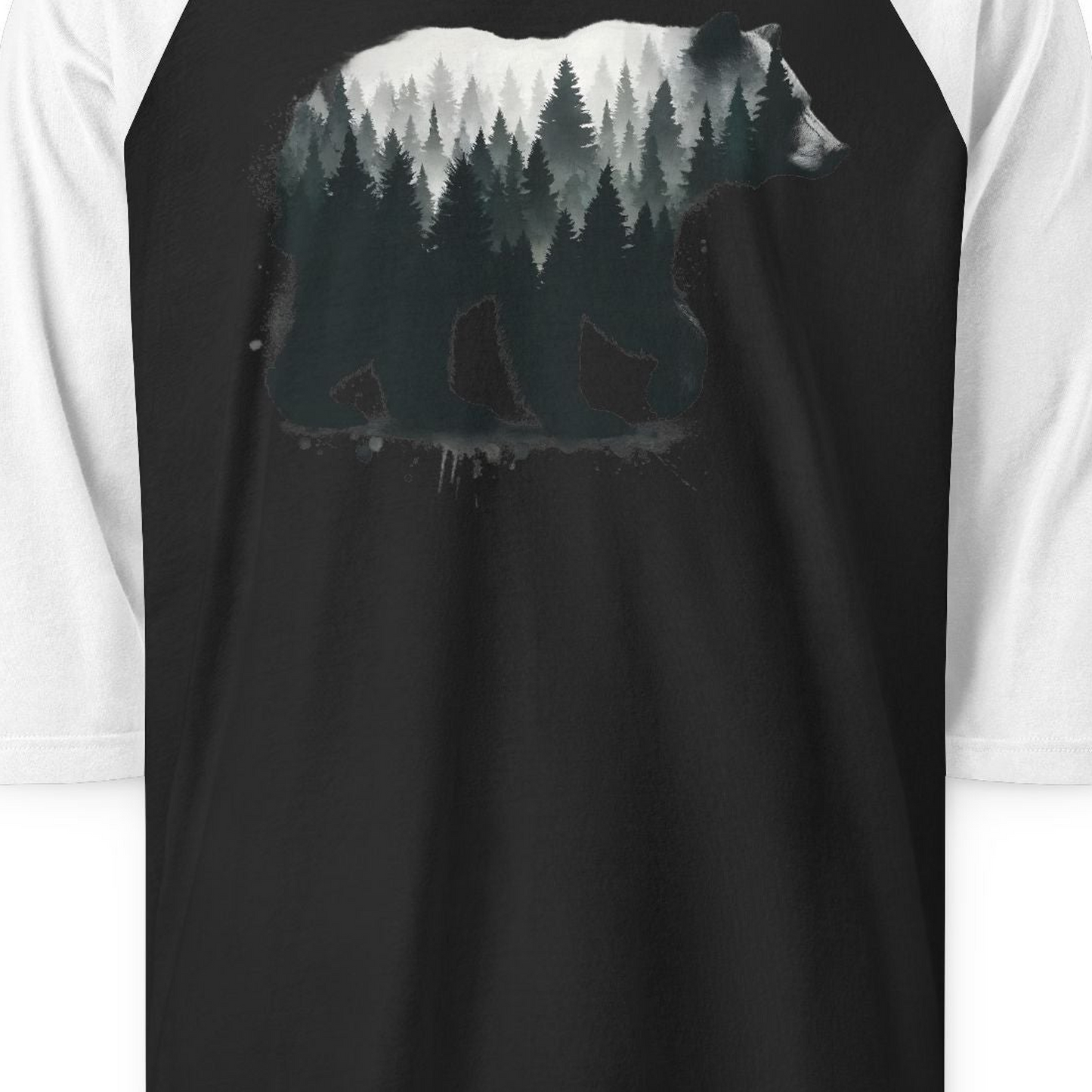Bear Silhouette Forest Double Exposure Shirt 3/4 Sleeve Raglan Shirt – Black/White – Alaska Cruise Shirts Close Up