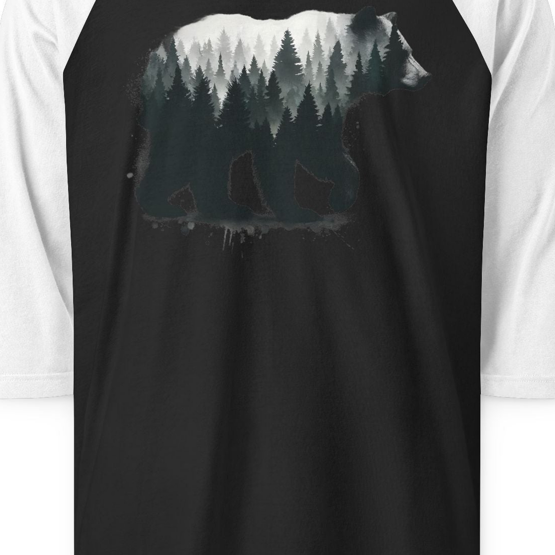 Bear Silhouette Forest Double Exposure Shirt 3/4 Sleeve Raglan Shirt – Black/White – Alaska Cruise Shirts Close Up