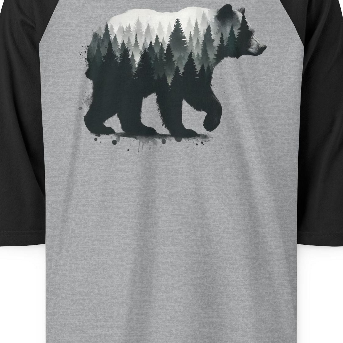 Bear Silhouette Forest Double Exposure Shirt 3/4 Sleeve Raglan Shirt – Heather Grey/Black – Alaska Cruise Shirts Close Up