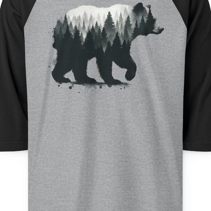 Bear Silhouette Forest Double Exposure Shirt 3/4 Sleeve Raglan Shirt – Heather Grey/Black – Alaska Cruise Shirts Close Up