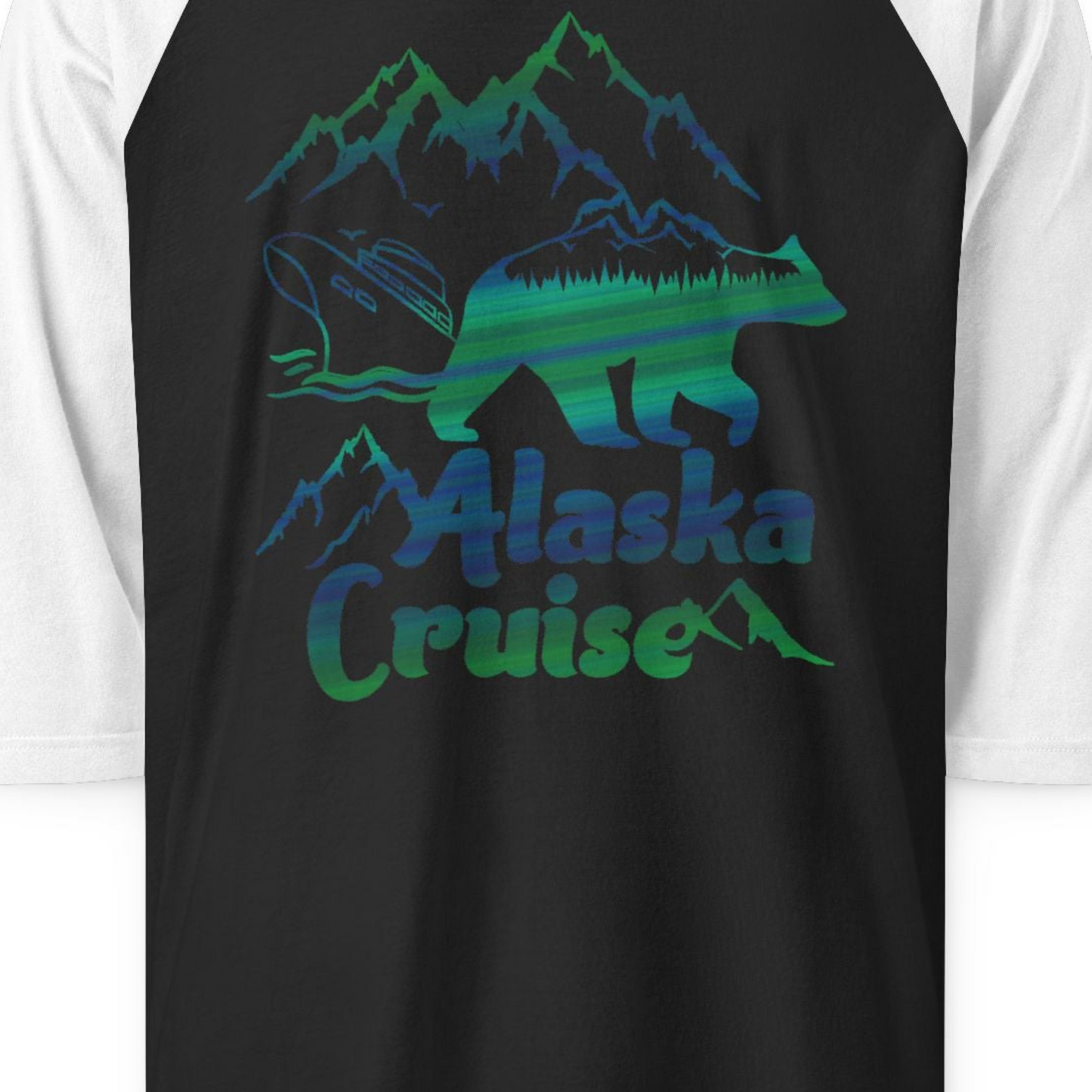 Alaska Cruise Bear Mountains Silhouette Shirt 3/4 Sleeve Raglan Shirt – Black/White – Alaska Cruise Shirts Close Up