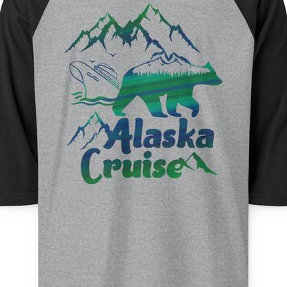 Alaska Cruise Bear Mountains Silhouette Shirt 3/4 Sleeve Raglan Shirt – Heather Grey/Black – Alaska Cruise Shirts Close Up