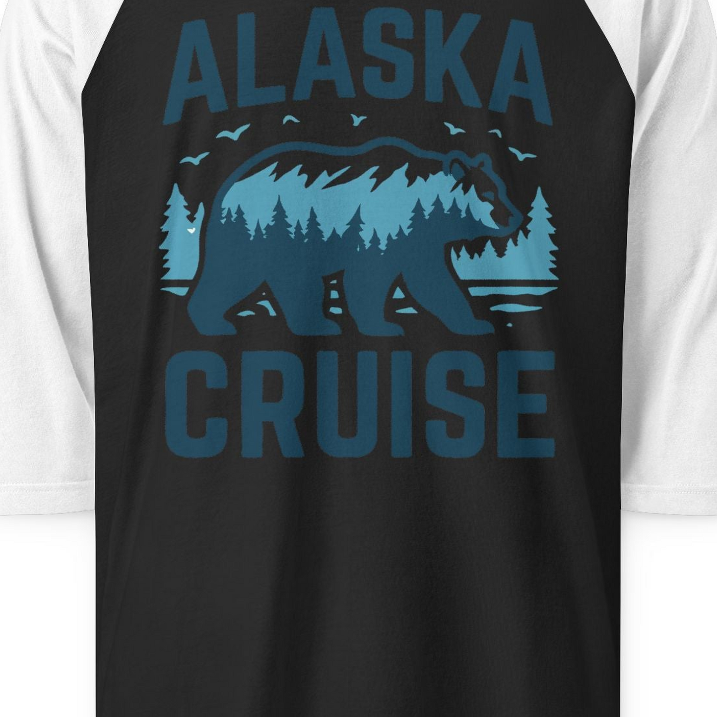 Alaska Cruise Shirt Bear Silhouette Forest Wildlife Nature Tee — 3/4 Sleeve 3/4 Sleeve Raglan Shirt – Black/White – Alaska Cruise Shirts Close Up
