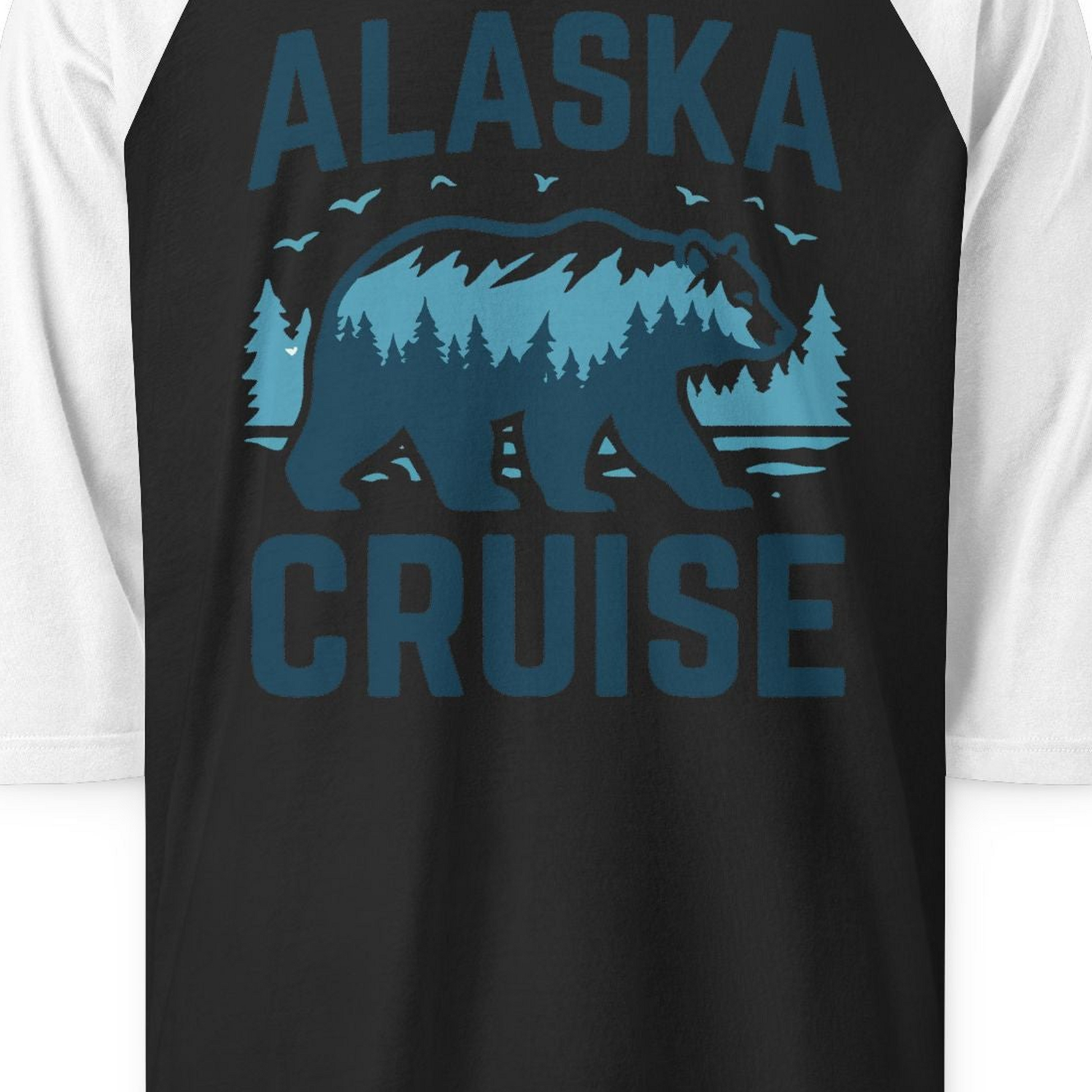 Alaska Cruise Shirt Bear Silhouette Forest Wildlife Nature Tee — 3/4 Sleeve 3/4 Sleeve Raglan Shirt – Black/White – Alaska Cruise Shirts Close Up