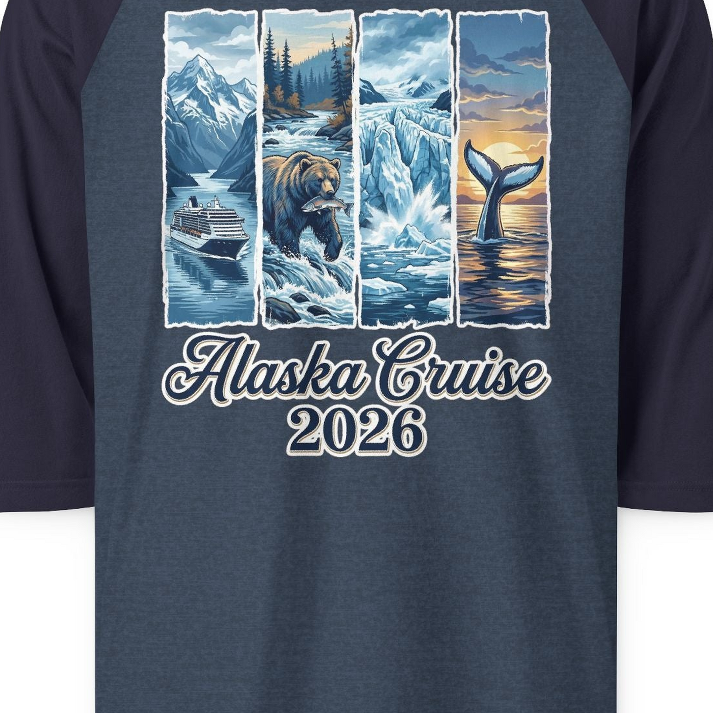 Alaska Cruise 2026 Scenic Wildlife Adventure Souvenir Shirt — 3/4 Sleeve 3/4 Sleeve Raglan Shirt – Heather Denim/Navy – Alaska Cruise Shirts Close Up