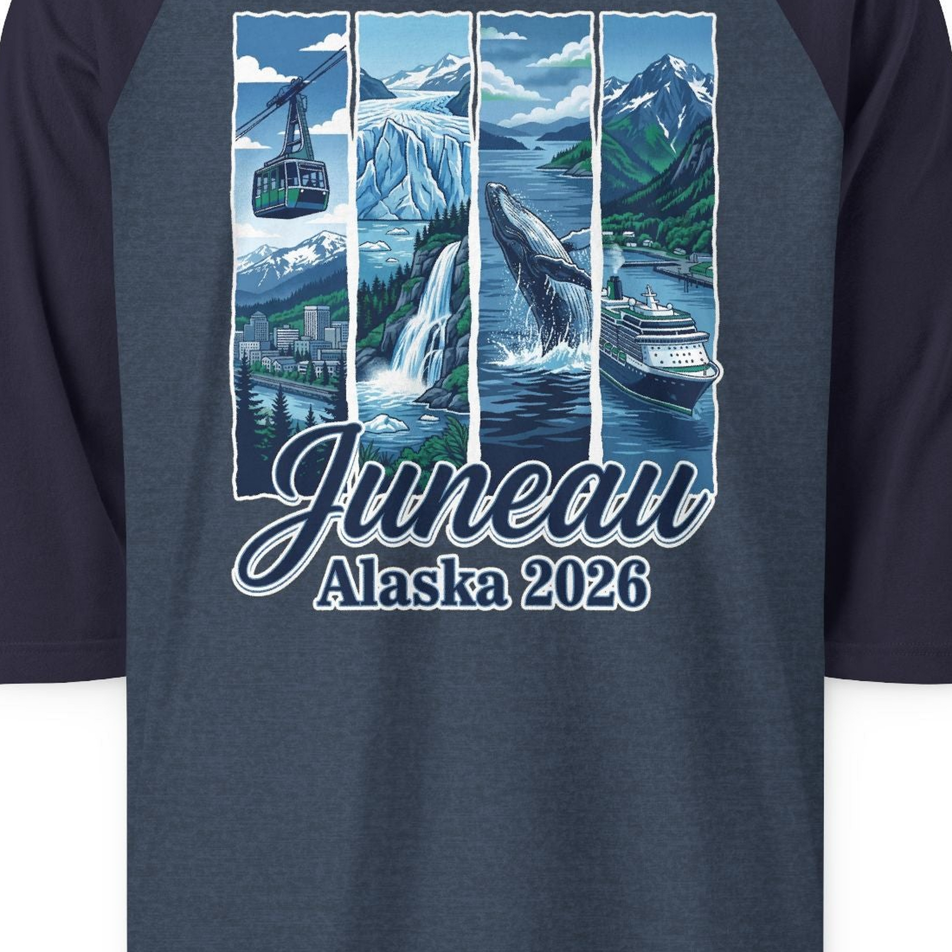 Juneau Alaska 2026 Cruise and Nature Souvenir Shirt — 3/4 Sleeve 3/4 Sleeve Raglan Shirt – Heather Denim/Navy – Alaska Cruise Shirts Close Up