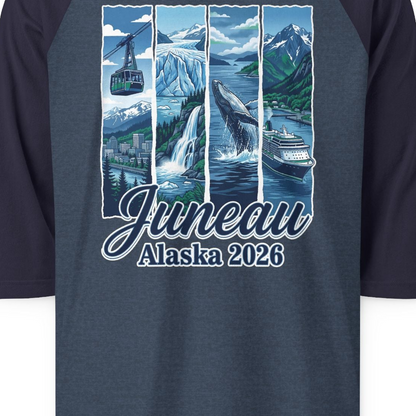 Juneau Alaska 2026 Cruise and Nature Souvenir Shirt — 3/4 Sleeve 3/4 Sleeve Raglan Shirt – Heather Denim/Navy – Alaska Cruise Shirts Close Up