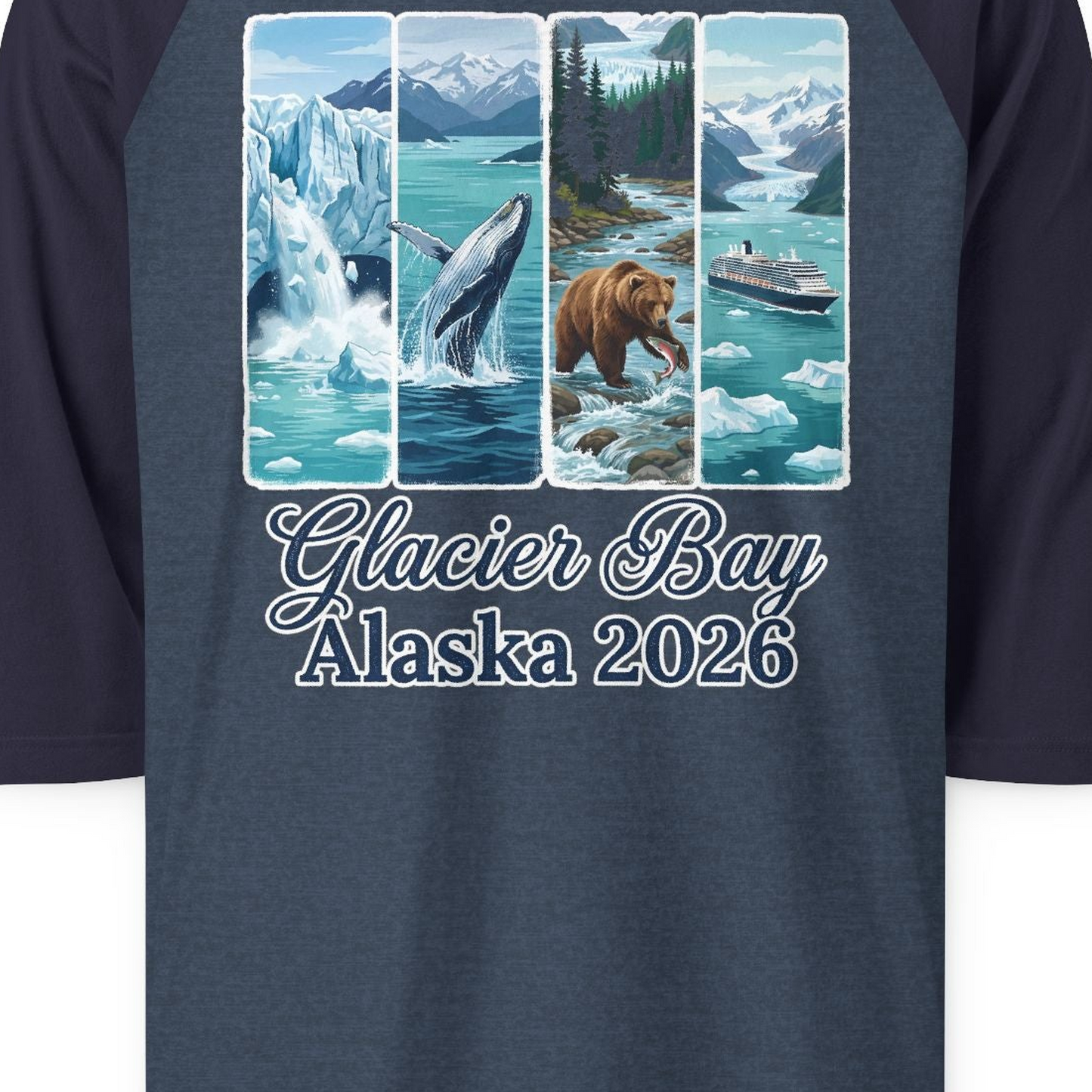 Glacier Bay Alaska 2026 Cruise Nature Wildlife Adventure Shirt — 3/4 Sleeve 3/4 Sleeve Raglan Shirt – Heather Denim/Navy – Alaska Cruise Shirts Close Up