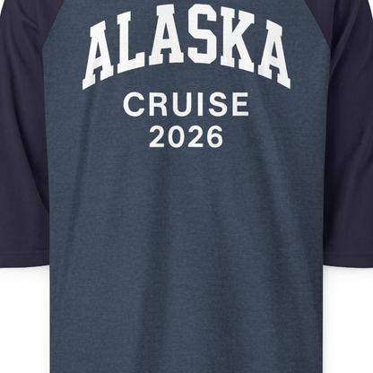 Alaska Cruise 2026 Bold Collegiate Vacation Travel Shirt — 3/4 Sleeve 3/4 Sleeve Raglan Shirt – Heather Denim/Navy – Alaska Cruise Shirts Close Up