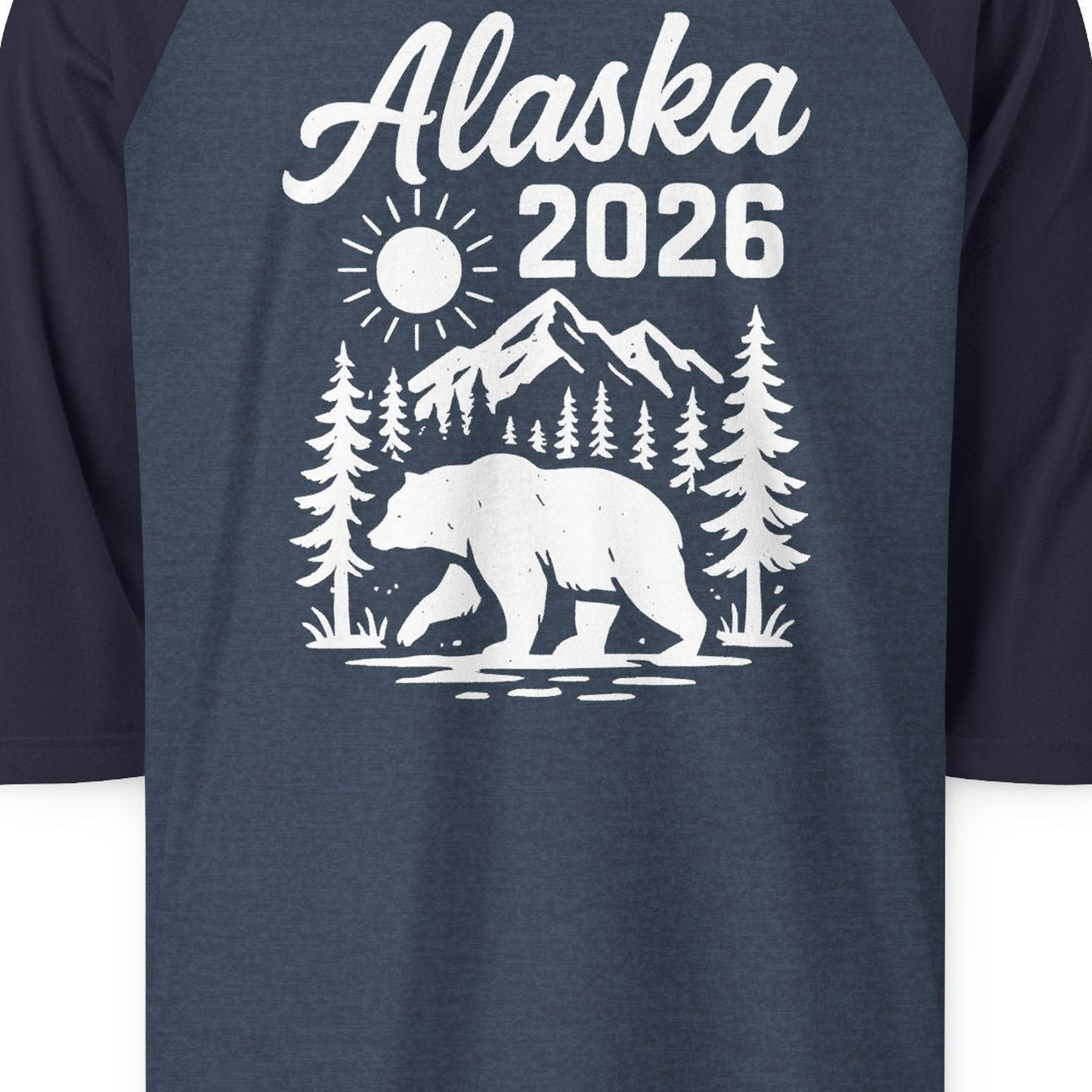 Alaska 2026 Bear and Mountains Nature Adventure Shirt — 3/4 Sleeve 3/4 Sleeve Raglan Shirt – Heather Denim/Navy – Alaska Cruise Shirts Close Up