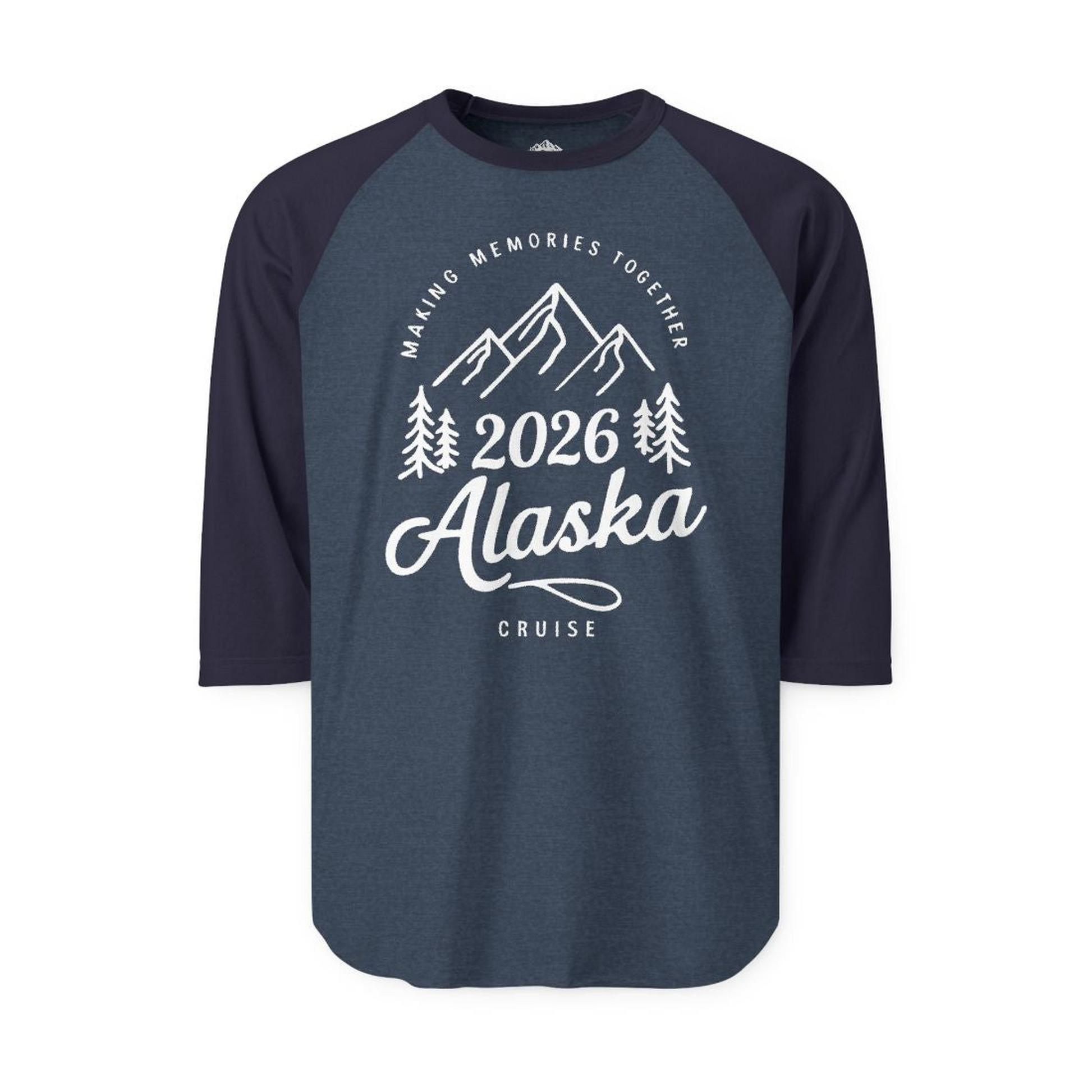 2026 Alaska Cruise Making Memories Shirt 3/4 Sleeve Raglan Shirt – Heather Denim/Navy – Alaska Cruise Shirts Close Up