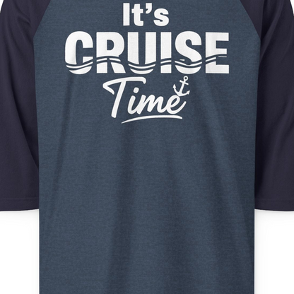 It’s Cruise Time Nautical Vacation Shirt for Cruise Travelers — 3/4 Sleeve 3/4 Sleeve Raglan Shirt – Heather Denim/Navy – Alaska Cruise Shirts Close Up
