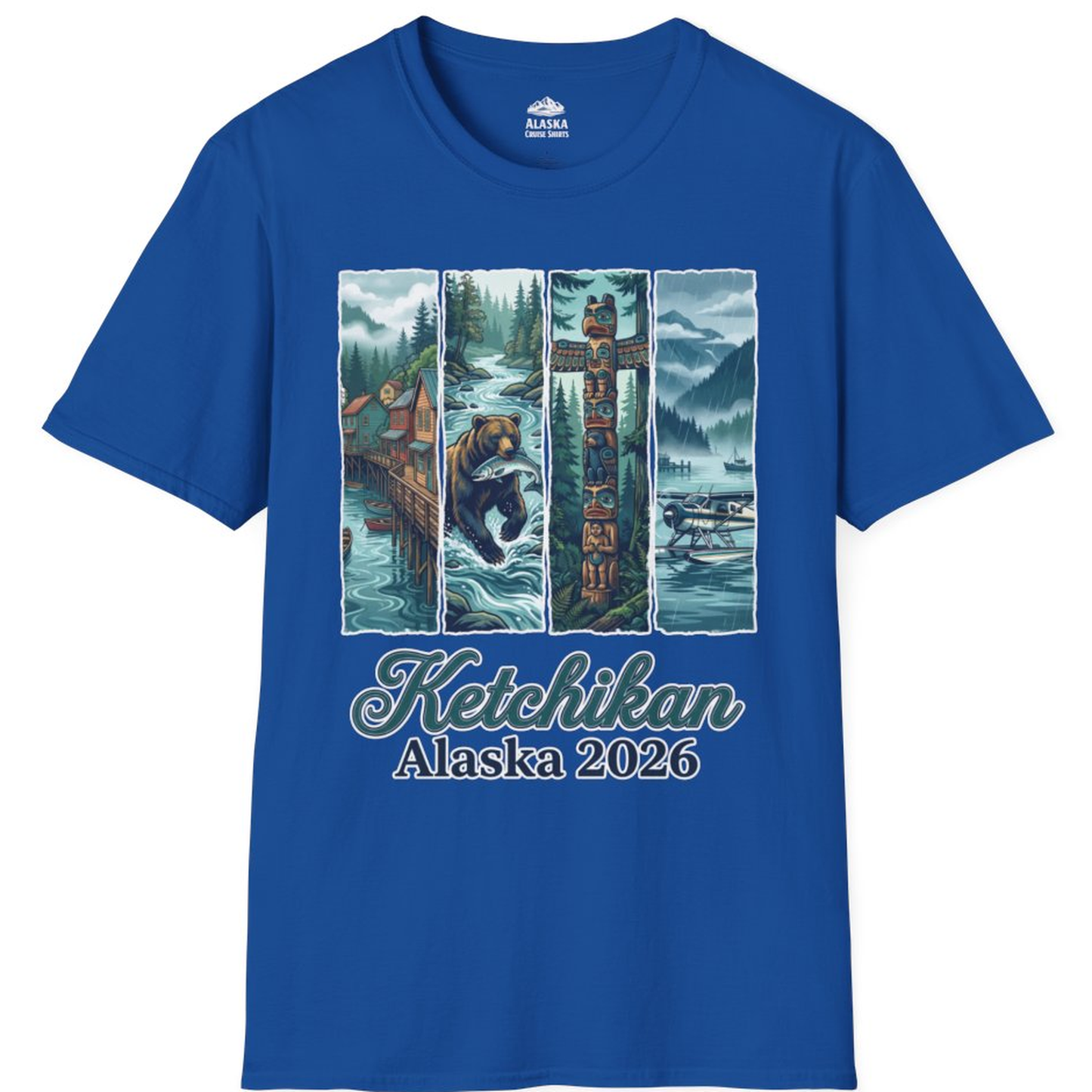 Ketchikan Alaska 2026 Scenic Nature and Totem Pole Art T-Shirt – Royal – Alaska Cruise Shirts