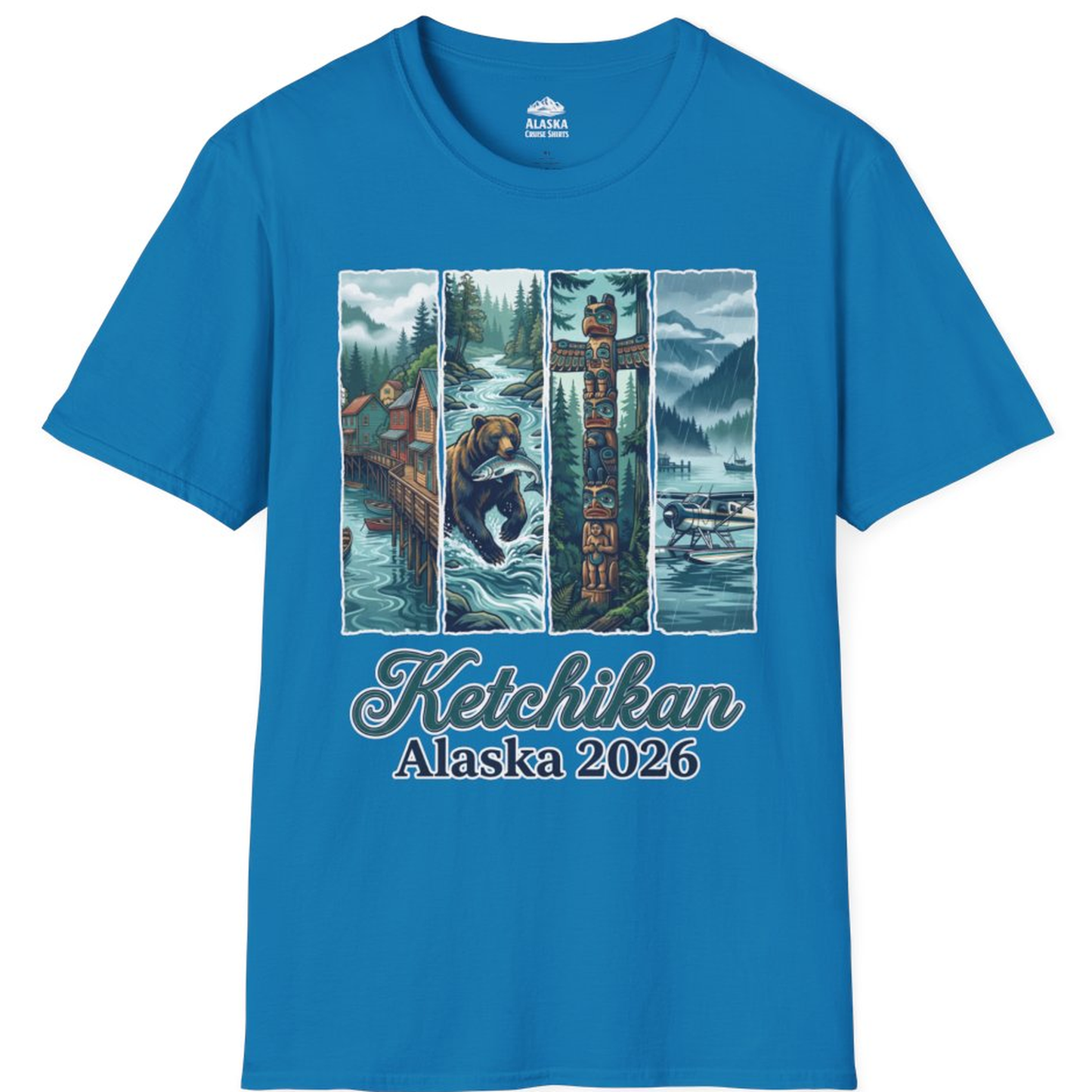 Ketchikan Alaska 2026 Scenic Nature and Totem Pole Art T-Shirt – Sapphire – Alaska Cruise Shirts