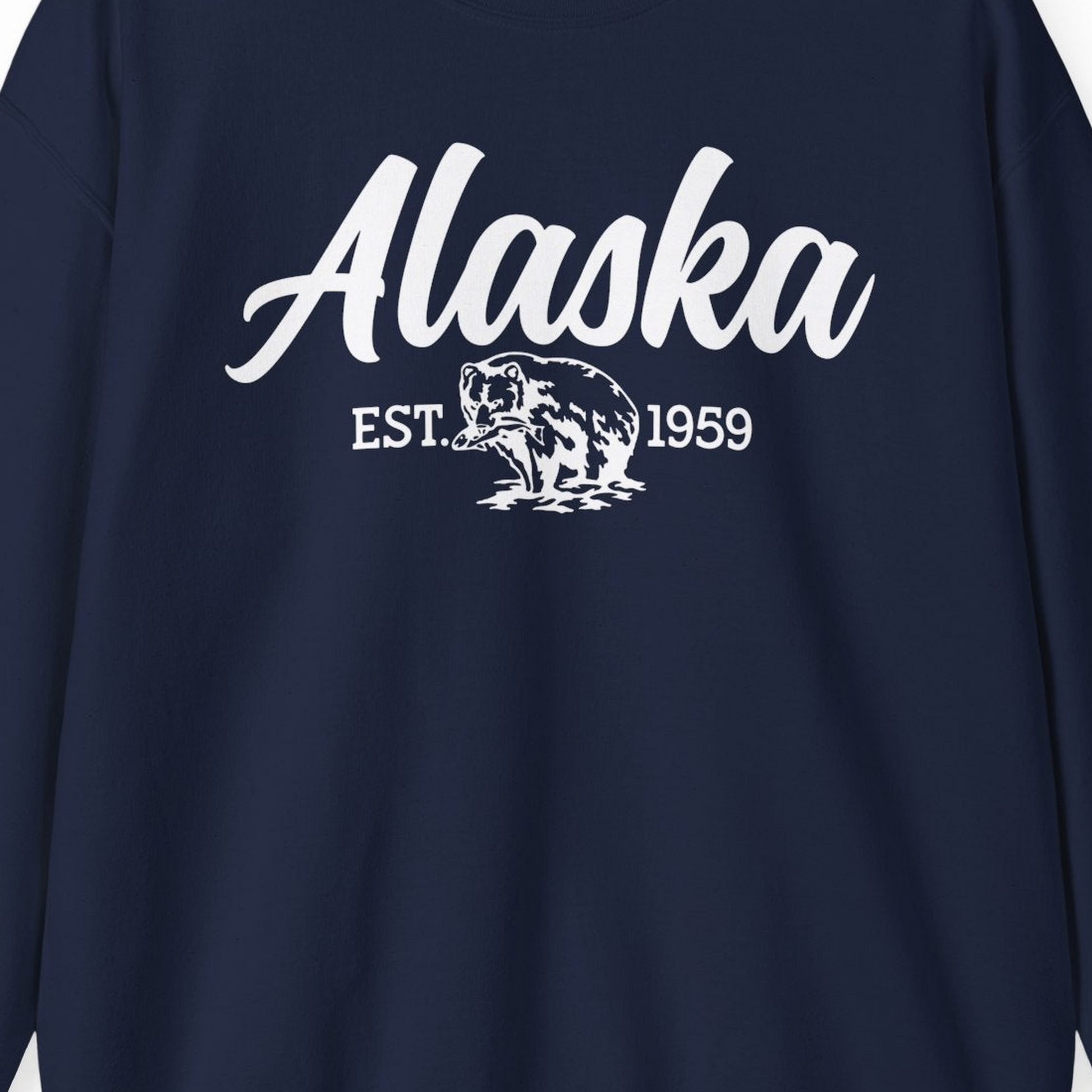 Alaska Bear Est 1959 Vintage Wildlife Graphic Monochrome Shirt — Sweatshirt Sweatshirt – Alaska Cruise Shirts Close Up