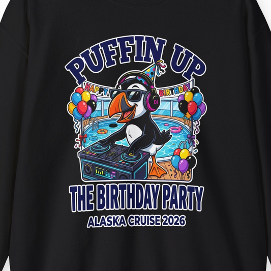 Funny Puffin DJ Birthday Party Alaska Cruise 2026 Shirt — Sweatshirt Sweatshirt – Alaska Cruise Shirts Close Up