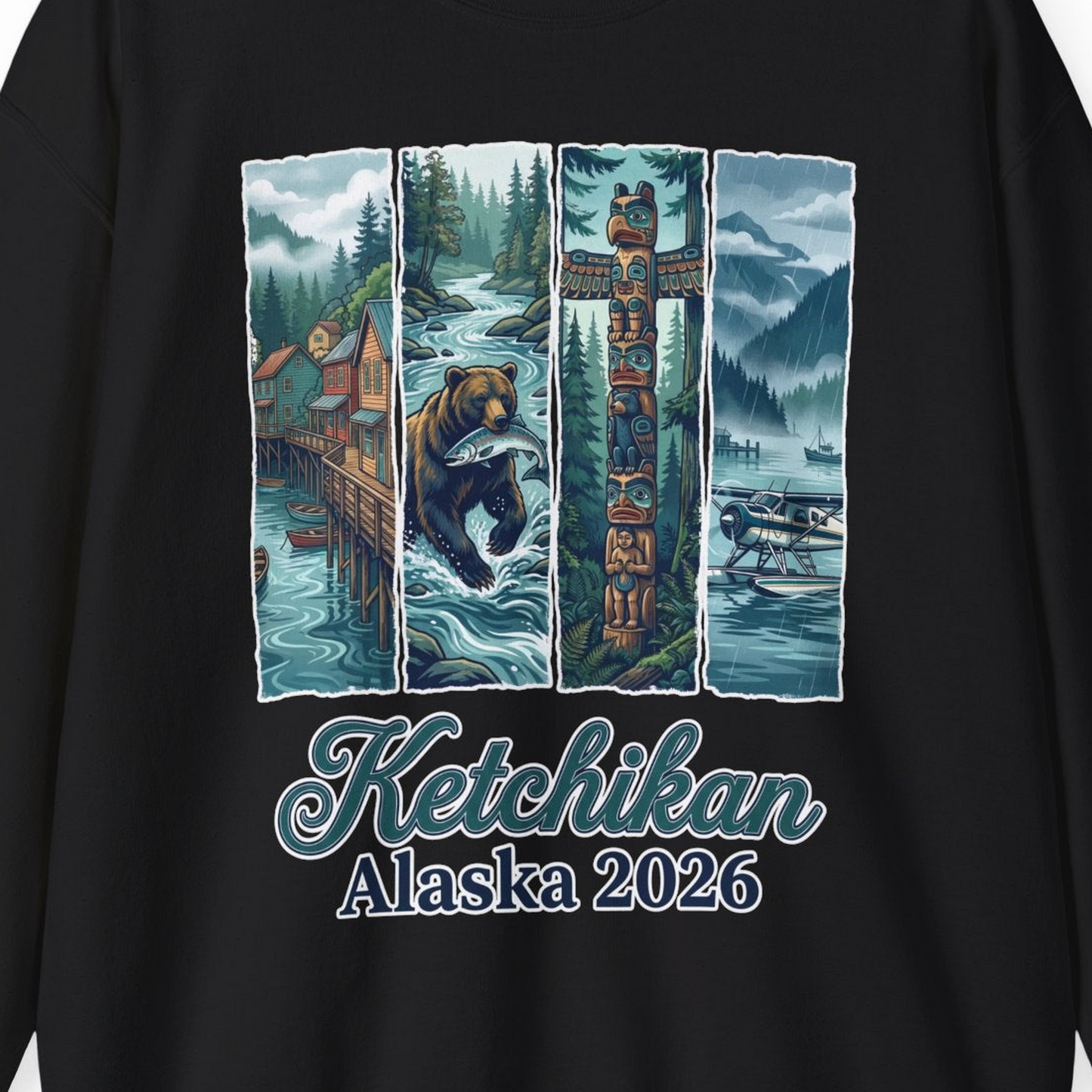 Ketchikan Alaska 2026 Scenic Nature and Totem Pole Art T-Shirt — Sweatshirt Sweatshirt – Alaska Cruise Shirts Close Up