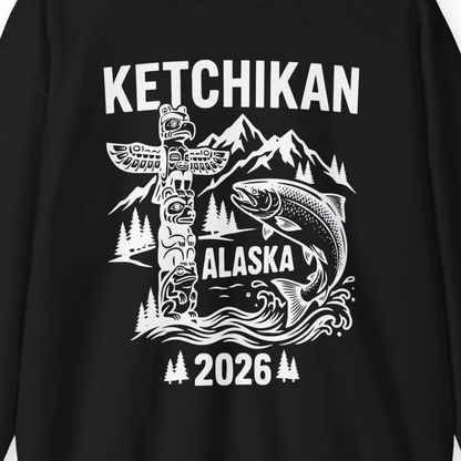Ketchikan Alaska 2026 Totem Pole and Salmon Souvenir Shirt — Sweatshirt Sweatshirt – Alaska Cruise Shirts Close Up