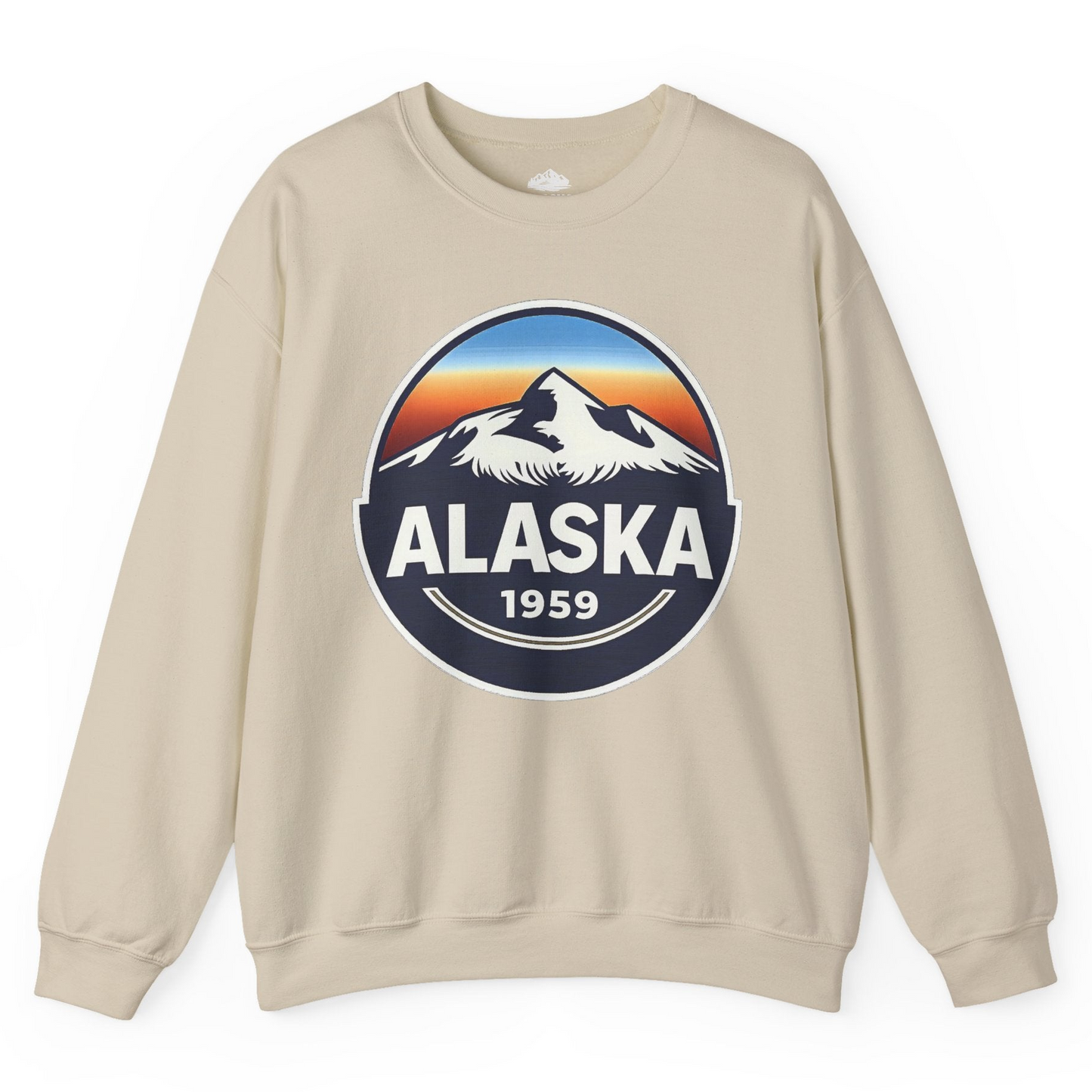 Alaska 1959 Retro Mountain Sunset Badge sweatshirt Vintage Statehood sweatshirt — Sweatshirt Sweatshirt – Sand – Alaska Cruise Shirts