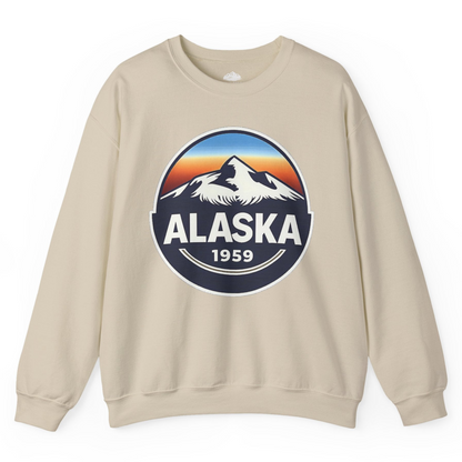 Alaska 1959 Retro Mountain Sunset Badge sweatshirt Vintage Statehood sweatshirt — Sweatshirt Sweatshirt – Sand – Alaska Cruise Shirts