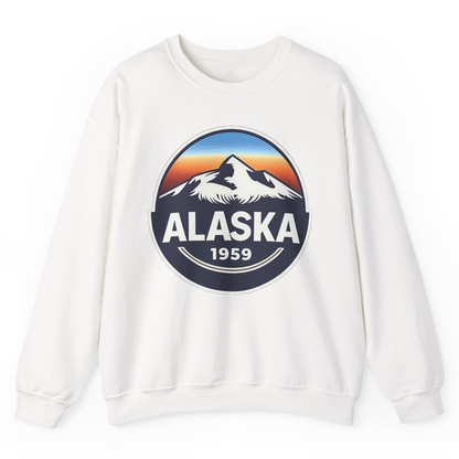 Alaska 1959 Retro Mountain Sunset Badge sweatshirt Vintage Statehood sweatshirt — Sweatshirt Sweatshirt – White – Alaska Cruise Shirts