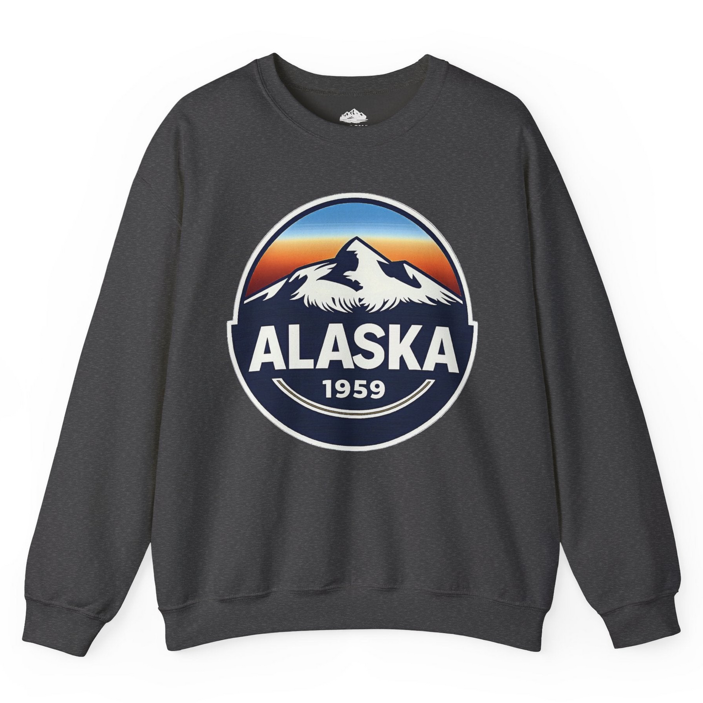 Alaska 1959 Retro Mountain Sunset Badge sweatshirt Vintage Statehood sweatshirt — Sweatshirt Sweatshirt – Dark Heather – Alaska Cruise Shirts