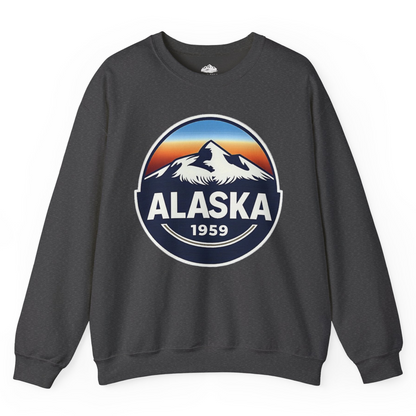 Alaska 1959 Retro Mountain Sunset Badge sweatshirt Vintage Statehood sweatshirt — Sweatshirt Sweatshirt – Dark Heather – Alaska Cruise Shirts