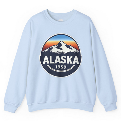 Alaska 1959 Retro Mountain Sunset Badge sweatshirt Vintage Statehood sweatshirt — Sweatshirt Sweatshirt – Light Blue – Alaska Cruise Shirts