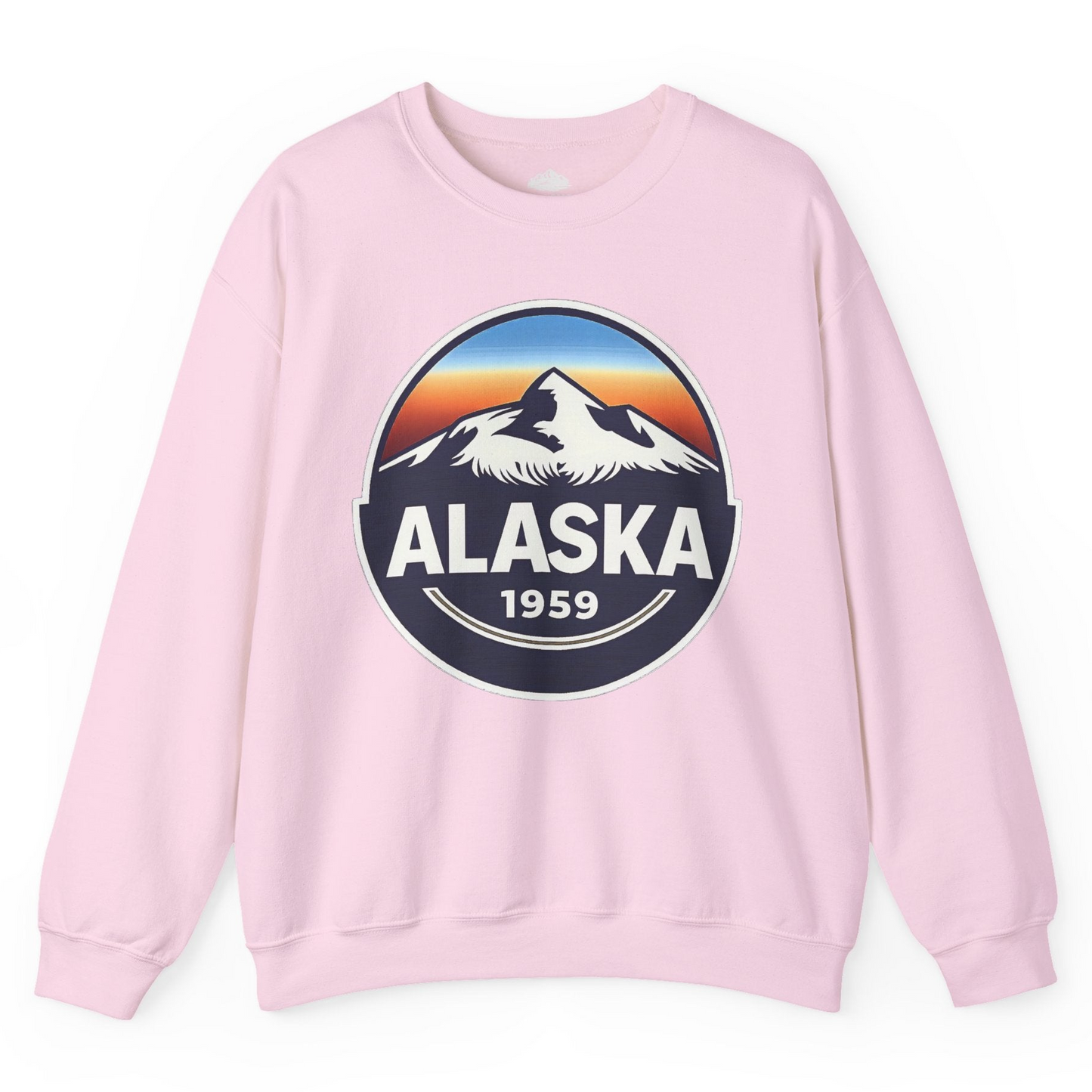 Alaska 1959 Retro Mountain Sunset Badge sweatshirt Vintage Statehood sweatshirt — Sweatshirt Sweatshirt – Light Pink – Alaska Cruise Shirts