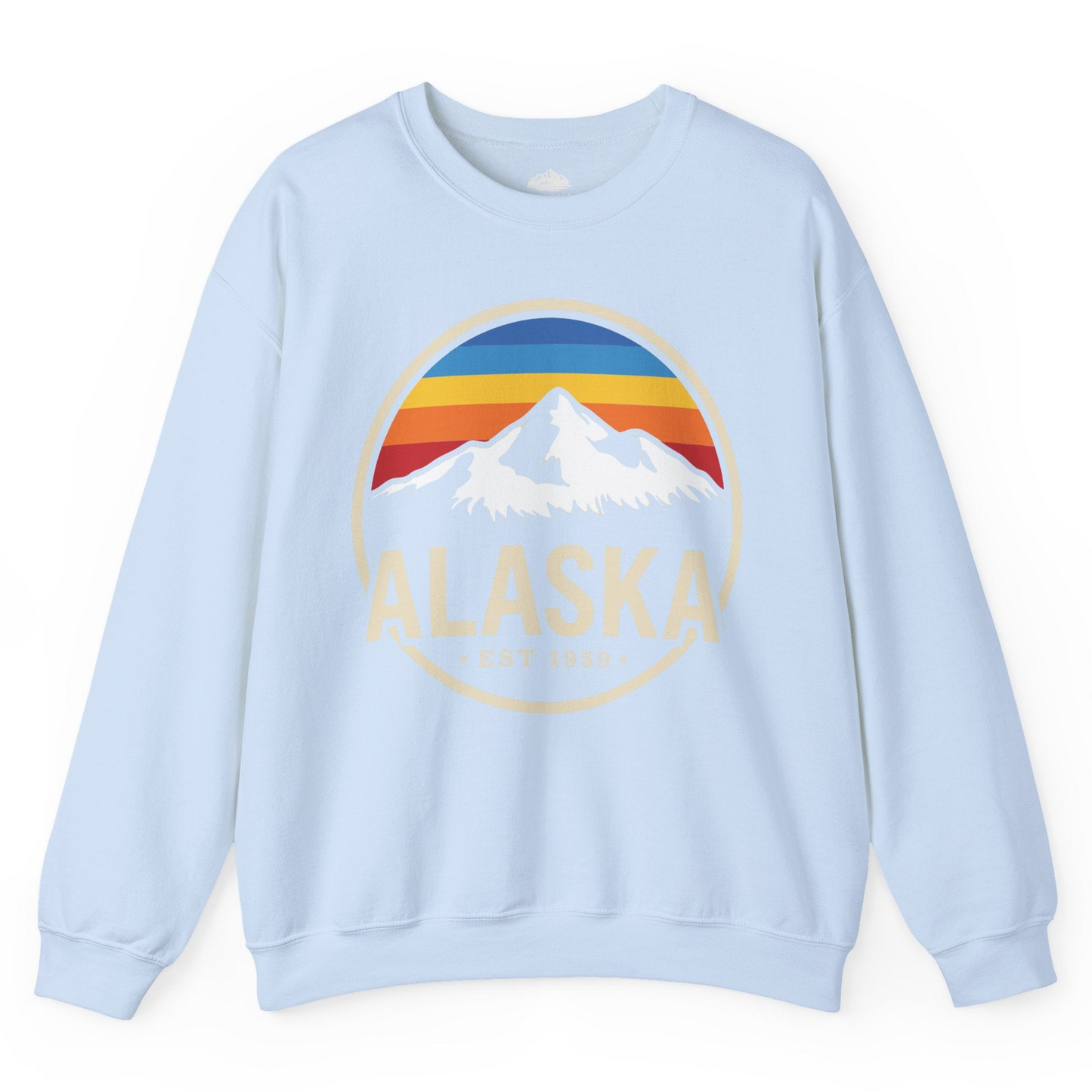 Alaska Vintage Mountain Sunset sweatshirt Sweatshirt – Light Blue – Alaska Cruise Shirts