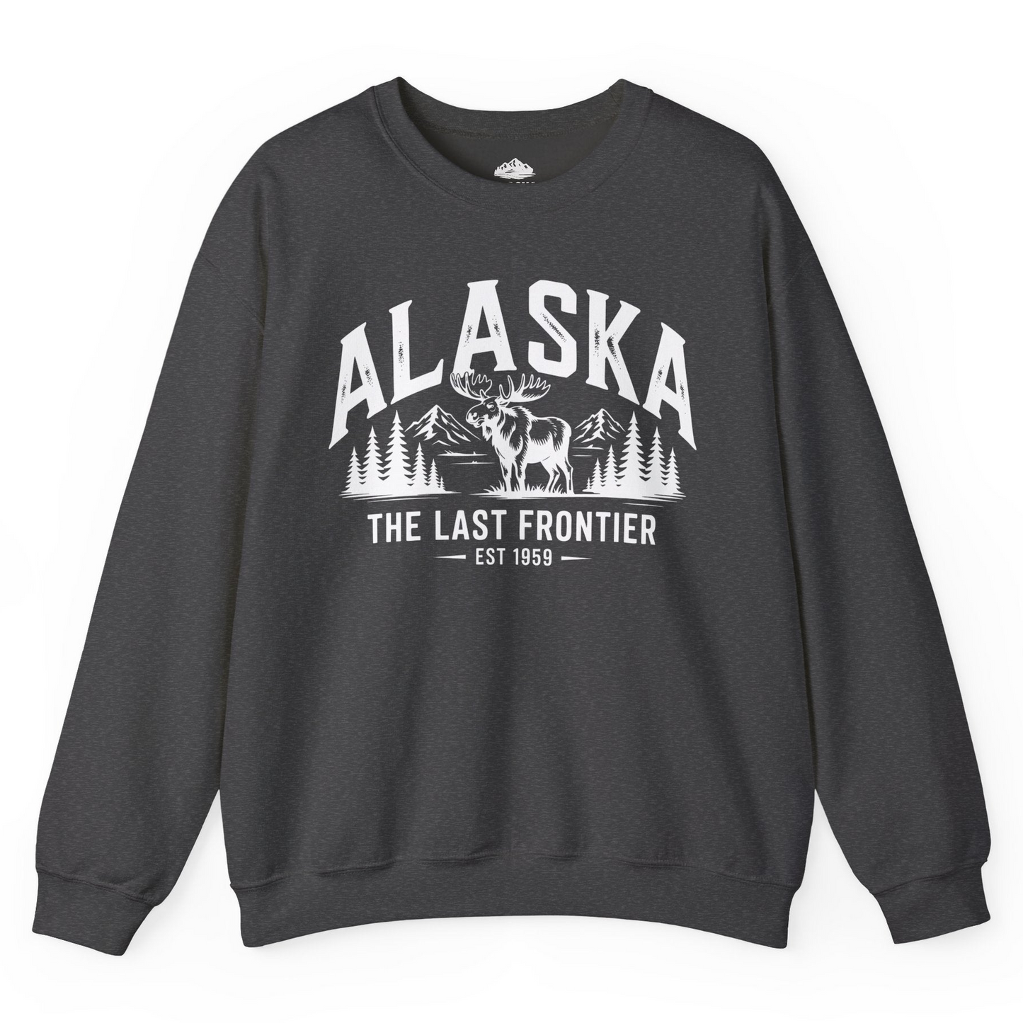 Alaska The Last Frontier Moose Mountain Wilderness Graphic Shirt — Sweatshirt Sweatshirt – Dark Heather – Alaska Cruise Shirts