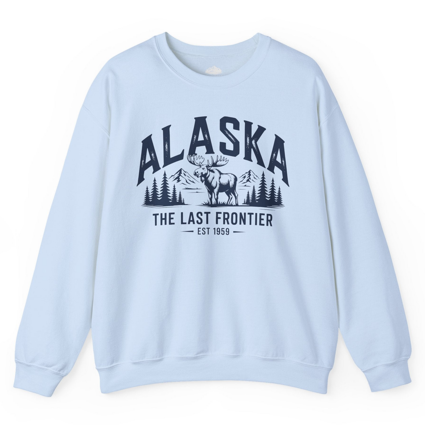 Alaska The Last Frontier Moose Mountain Wilderness Graphic Shirt — Sweatshirt Sweatshirt – Light Blue – Alaska Cruise Shirts