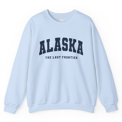 Alaska The Last Frontier Bold Collegiate Vintage State Pride Shirt — Sweatshirt Sweatshirt – Light Blue – Alaska Cruise Shirts