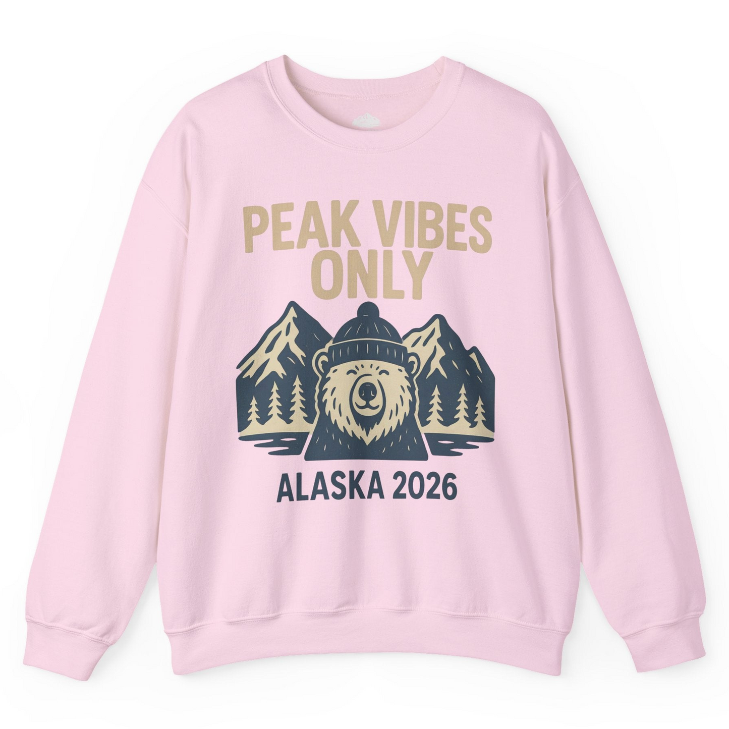 Alaska 2026 Mountain Adventure Bear Sweatshirt – Light Pink – Alaska Cruise Shirts
