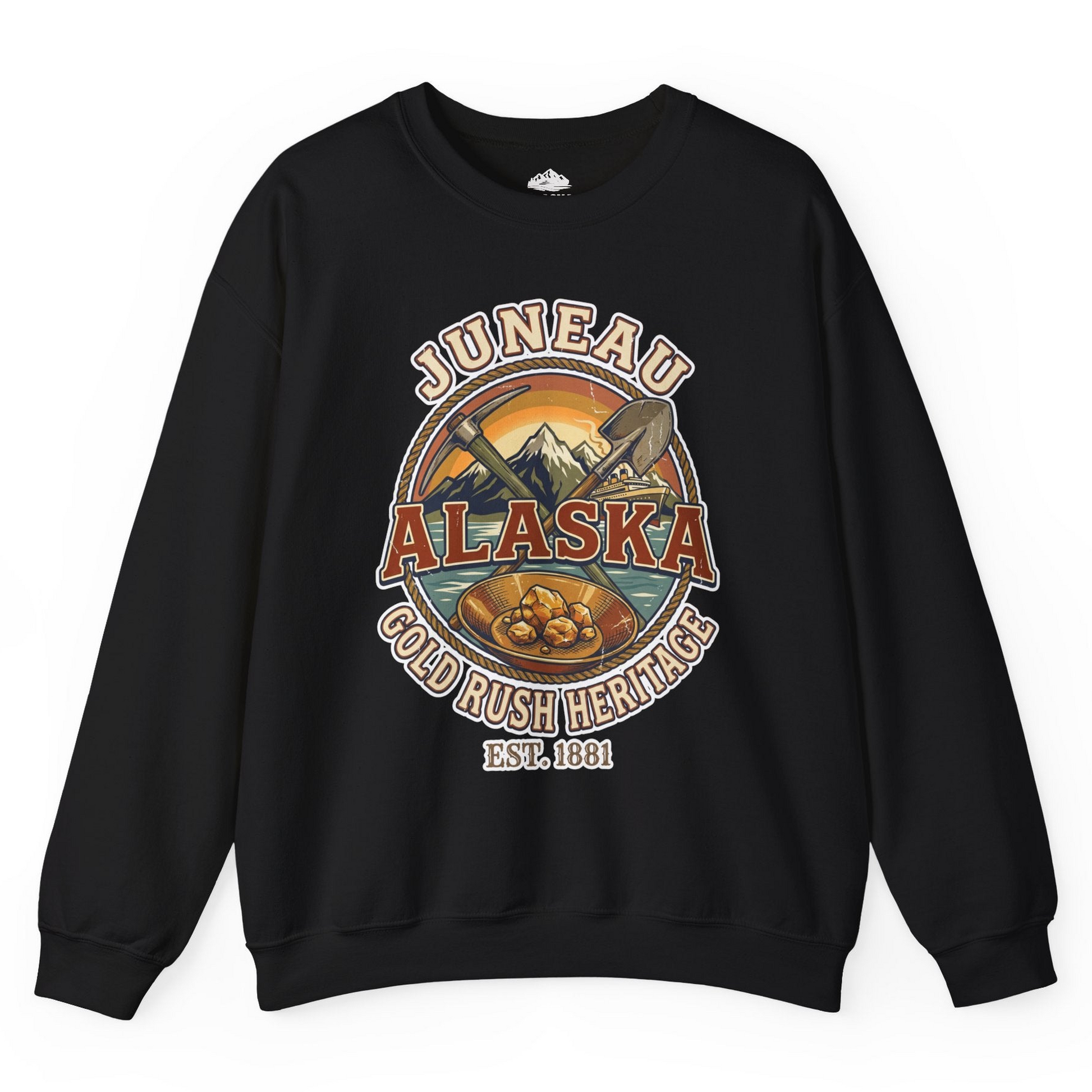 Juneau Alaska Gold Rush Heritage Vintage Travel T-Shirt — Sweatshirt Sweatshirt – Black – Alaska Cruise Shirts