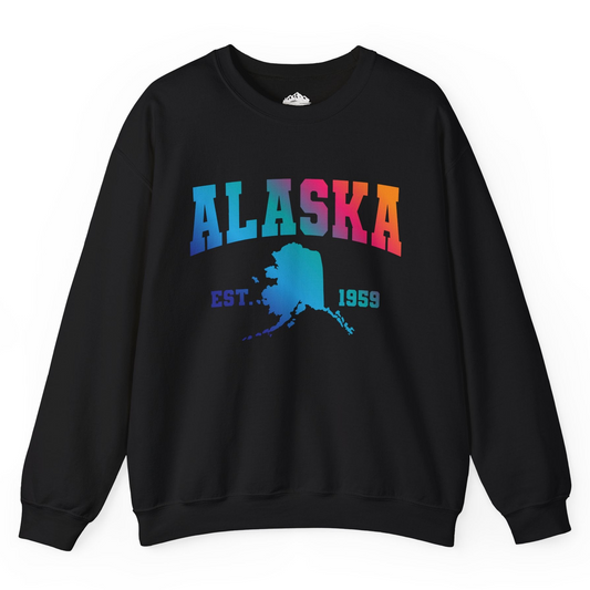 Retro Alaska Est 1959 Shirt - Bold Collegiate Map Gradient Design Sweatshirt – Black – Alaska Cruise Shirts
