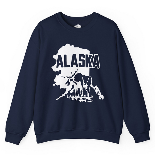 Alaska Moose Silhouette Shirt - Bold State Outline Wildlife Graphic Sweatshirt – Navy – Alaska Cruise Shirts
