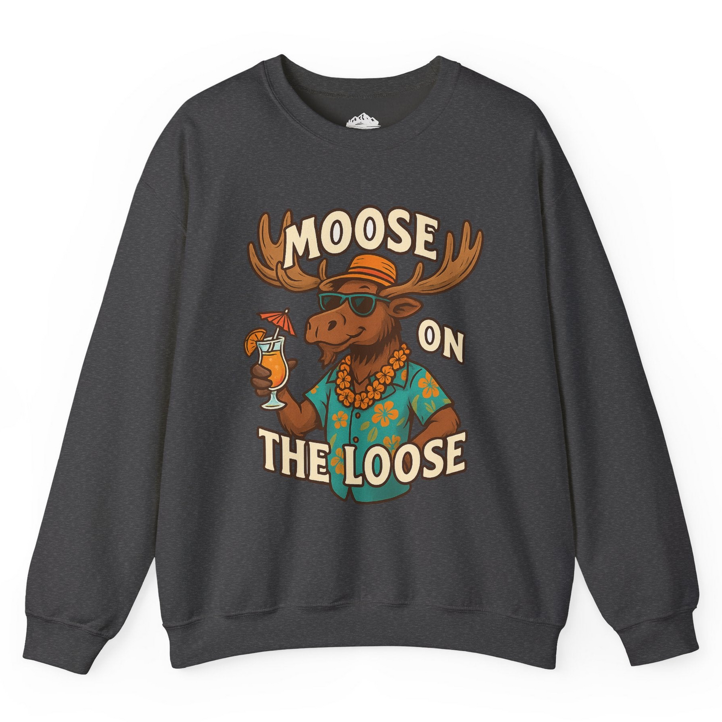 Moose On The Loose Funny Tropical Cartoon Vacation Shirt Sweatshirt – Dark Heather – Alaska Cruise Shirts