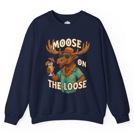 Moose On The Loose Funny Tropical Cartoon Vacation Shirt Sweatshirt – Navy – Alaska Cruise Shirts