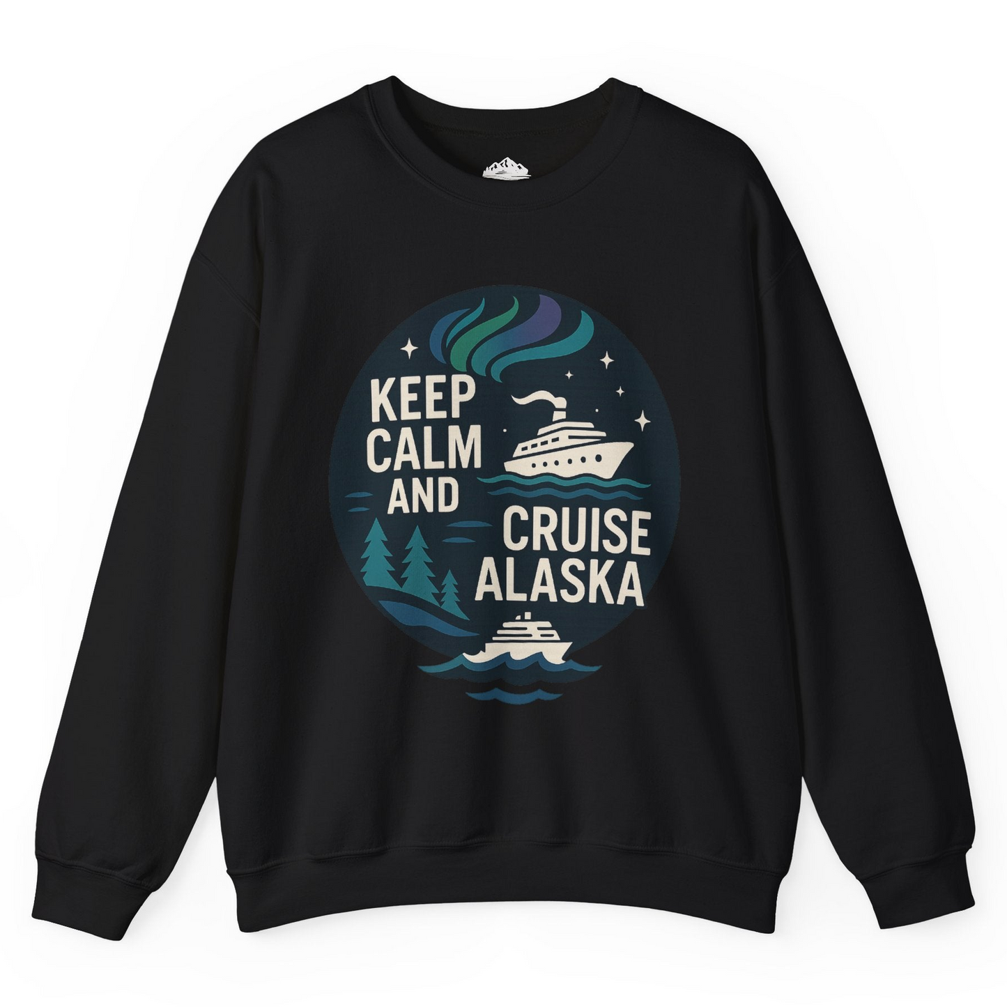 Keep Calm Cruise Alaska Shirt - Northern Lights Pine Trees Retro Tee Sweatshirt – Black – Alaska Cruise Shirts
