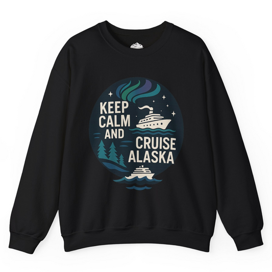 Keep Calm Cruise Alaska Shirt - Northern Lights Pine Trees Retro Tee Sweatshirt – Black – Alaska Cruise Shirts