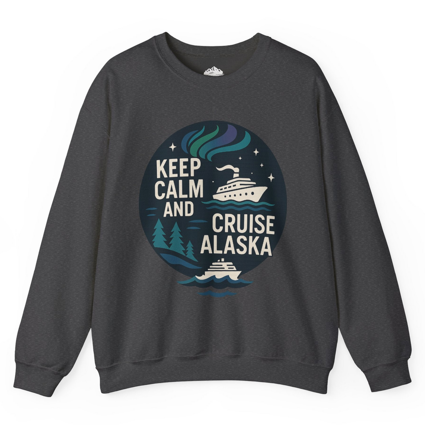 Keep Calm Cruise Alaska Shirt - Northern Lights Pine Trees Retro Tee Sweatshirt – Dark Heather – Alaska Cruise Shirts