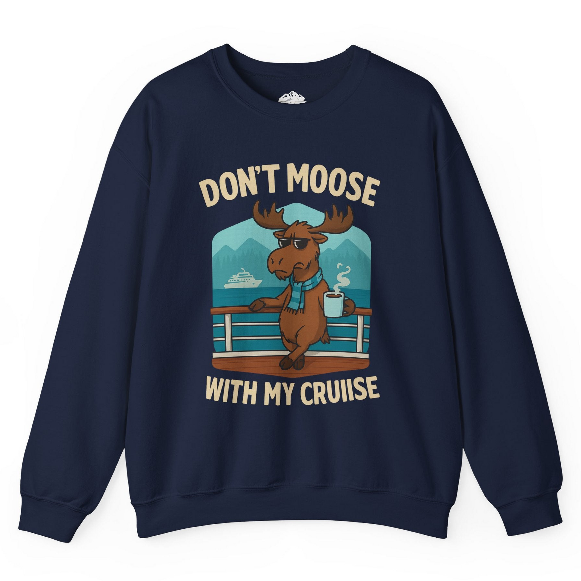 Funny Moose on Alaska Cruise Ship Shirt - Coffee Mountains Cartoon Tee Sweatshirt – Navy – Alaska Cruise Shirts