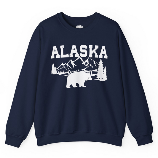 Alaska Bear Shirt - Wilderness Mountains and Trees Nature Silhouette Tee Sweatshirt – Navy – Alaska Cruise Shirts