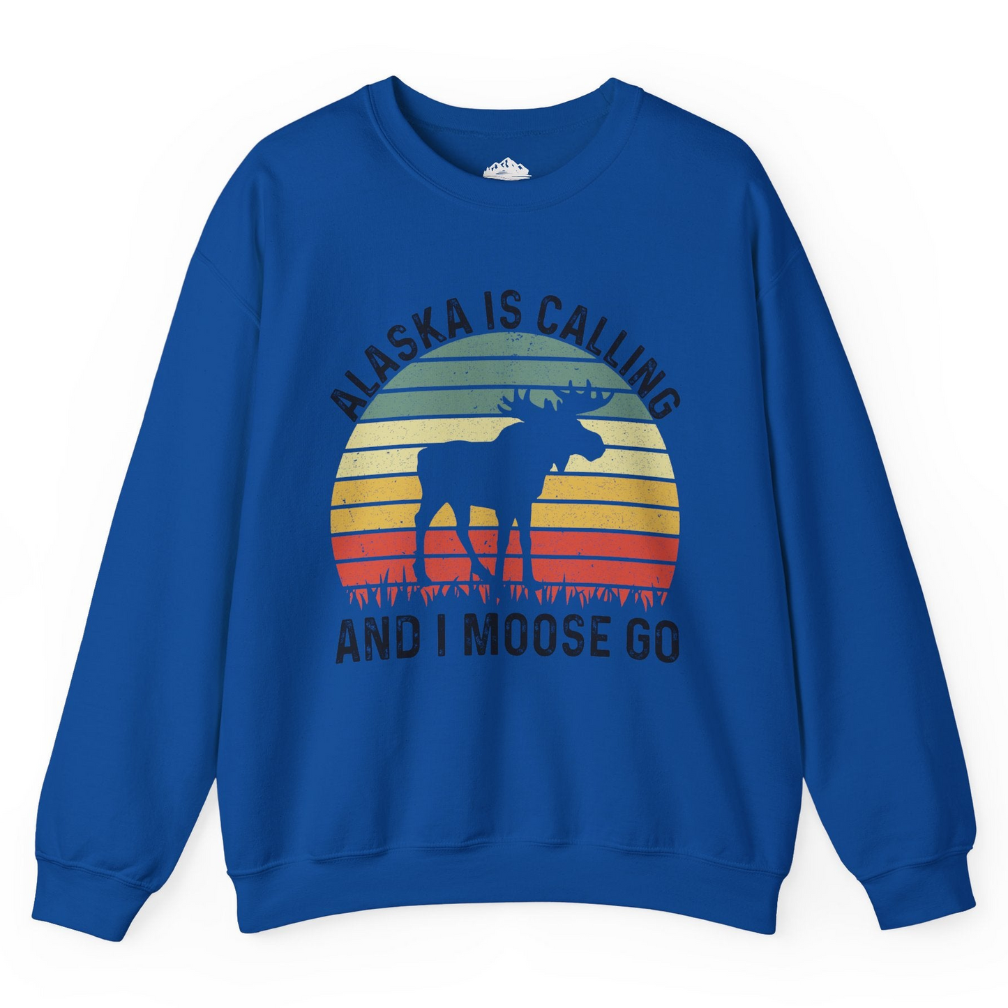 Alaska Is Calling And I Moose Go Retro Sunset Moose Graphic Shirt Sweatshirt – Royal – Alaska Cruise Shirts
