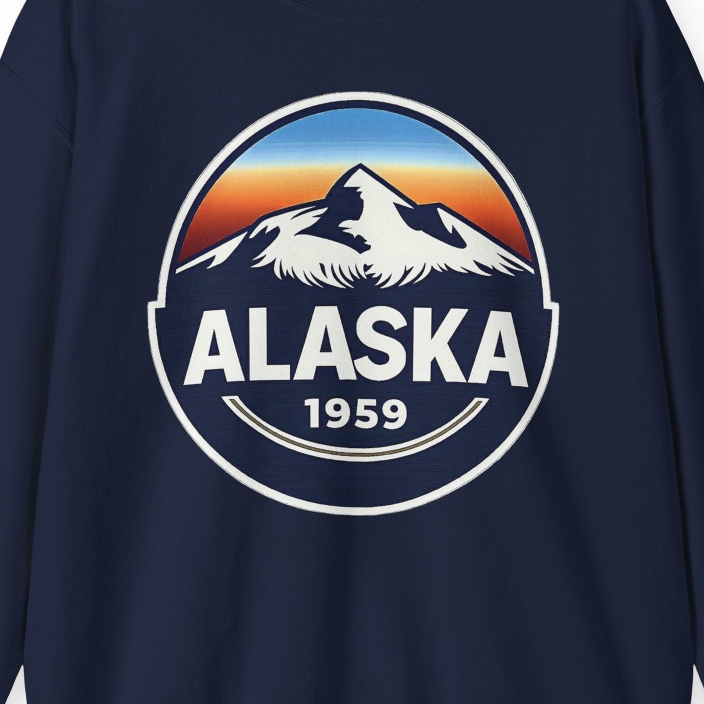 Alaska 1959 Retro Mountain Sunset Badge sweatshirt Vintage Statehood sweatshirt — Sweatshirt Sweatshirt – Navy – Alaska Cruise Shirts Close Up