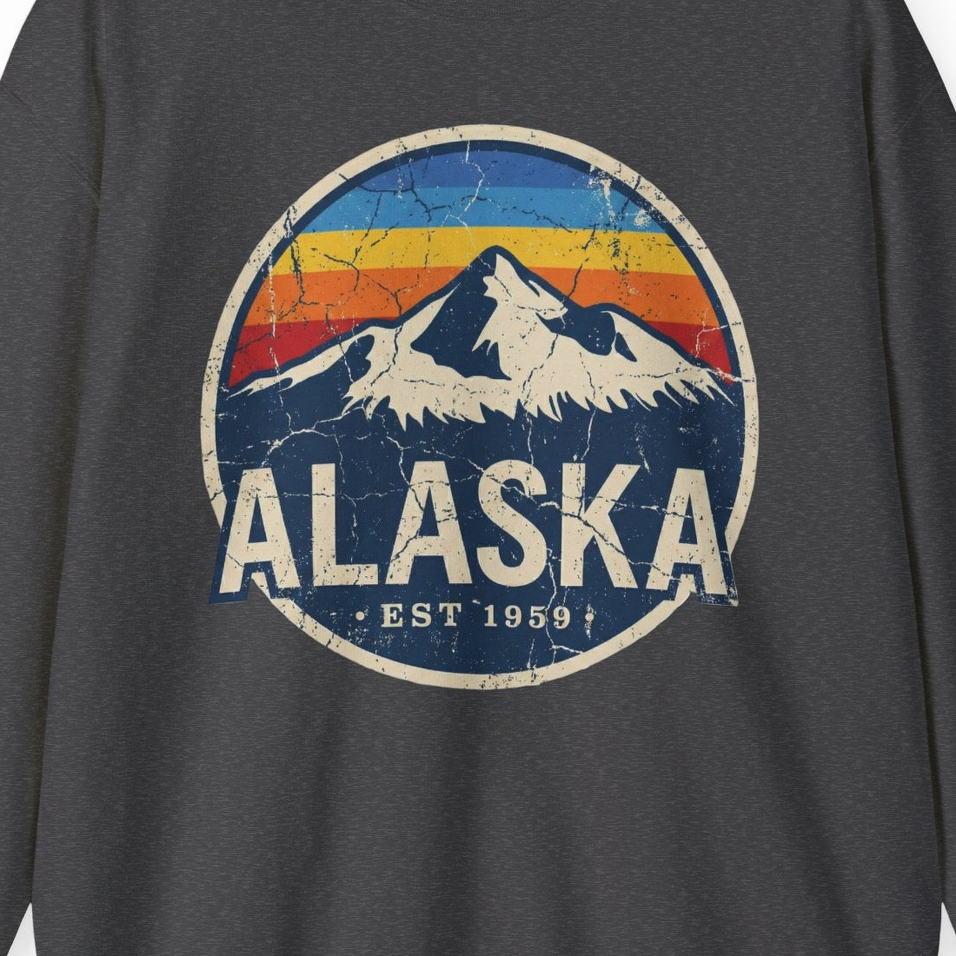 Alaska Vintage sweatshirt Sweatshirt – Dark Heather – Alaska Cruise Shirts Close Up